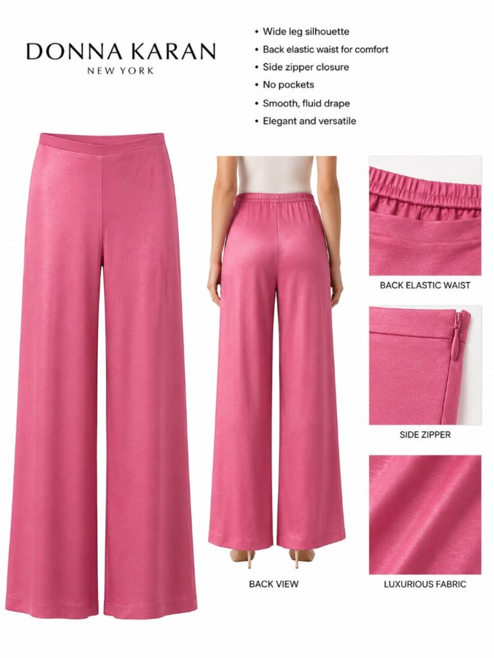 Donna Karan New York Satin Wide Leg Pants – Pink – Size XL – NWT $129